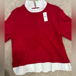 Ann Taylor Red Knit Top with White Ruffle Collar